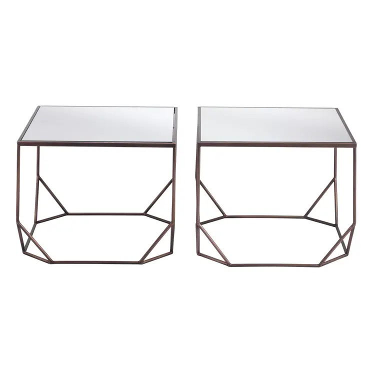 Set of Two Silver and Bronze Mirrored Glass and Steel Square Abstract Bunching Coffee Tables
