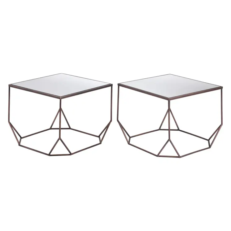 Set of Two Silver and Bronze Mirrored Glass and Steel Square Abstract Bunching Coffee Tables