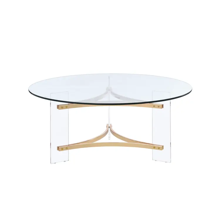 41" Clear and Gold Glass Acrylic and Brass Round Coffee Table