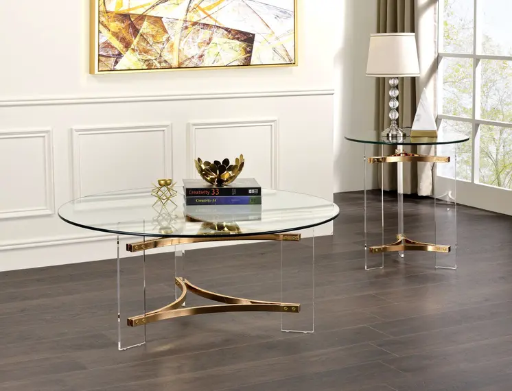 41" Clear and Gold Glass Acrylic and Brass Round Coffee Table