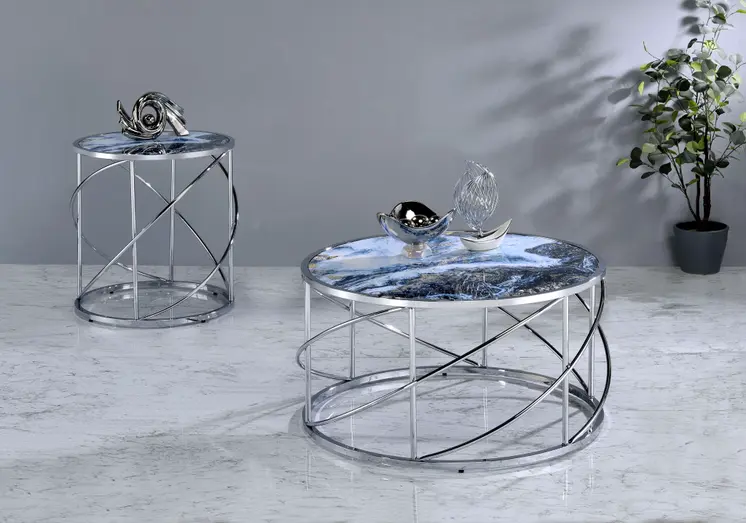 33" Blue and Silver Wood and Iron Faux Marble Geometric Frame Round Coffee Table