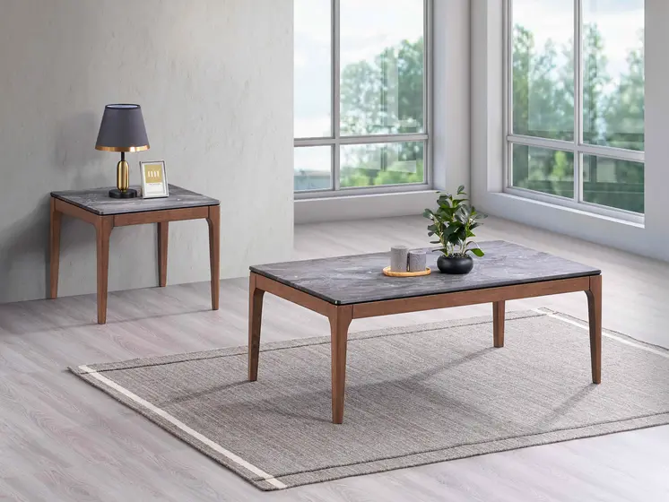 47" Gray and Walnut Stone And Solid Wood Coffee Table