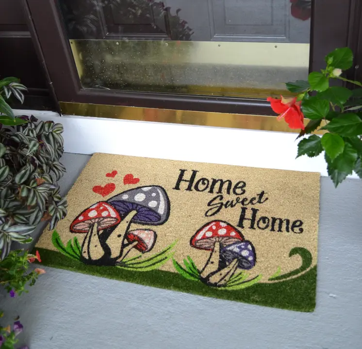 18" X 30" Beige and Black Coir Mushrooms Home Sweet Home Outdoor Door Mat