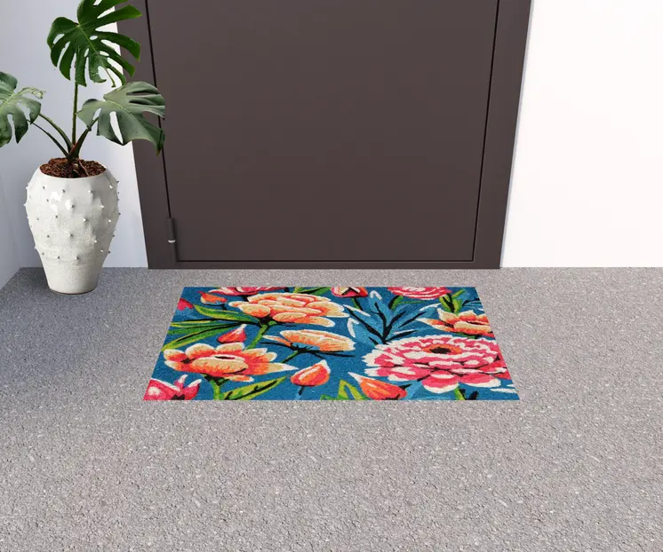 18" X 30" Blue and Pink Coir Floral Outdoor Door Mat