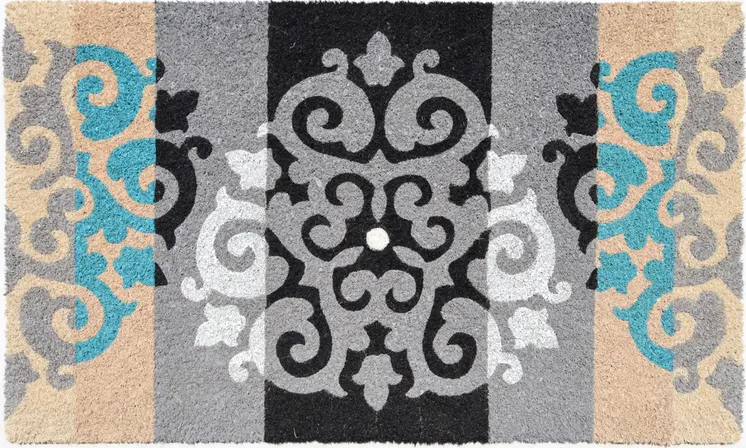 18" X 30" Beige and White Coir Damask Outdoor Door Mat