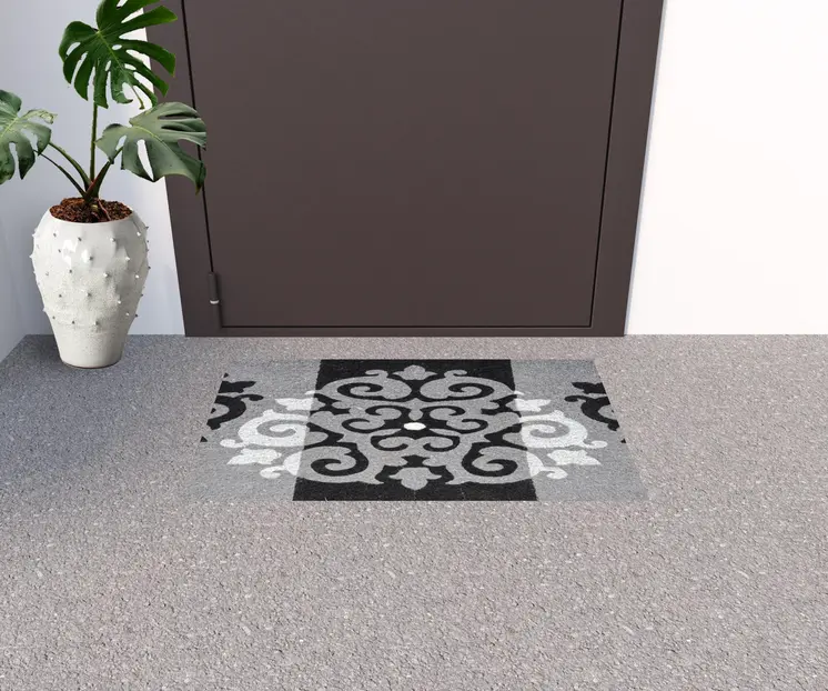18" X 30" Beige and White Coir Damask Outdoor Door Mat