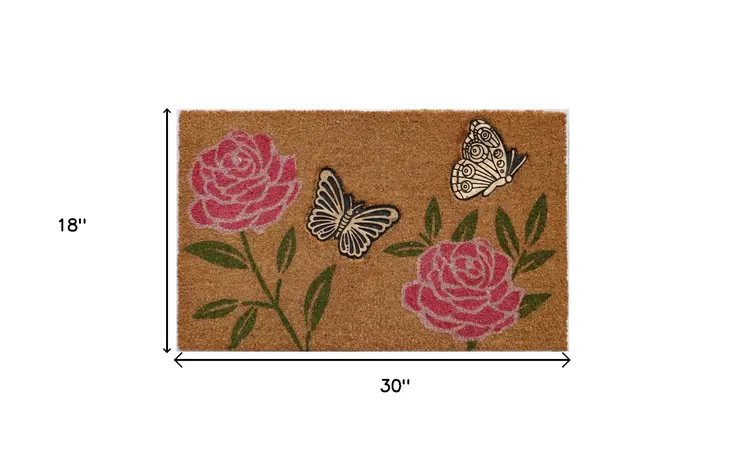 18" X 30" Beige and Pink Coir Floral Outdoor Door Mat