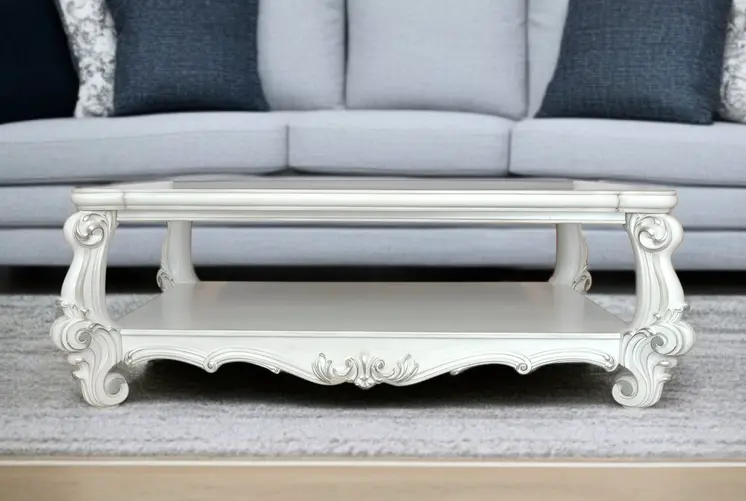 57" White Wood Ornate Coffee Table With Shelf
