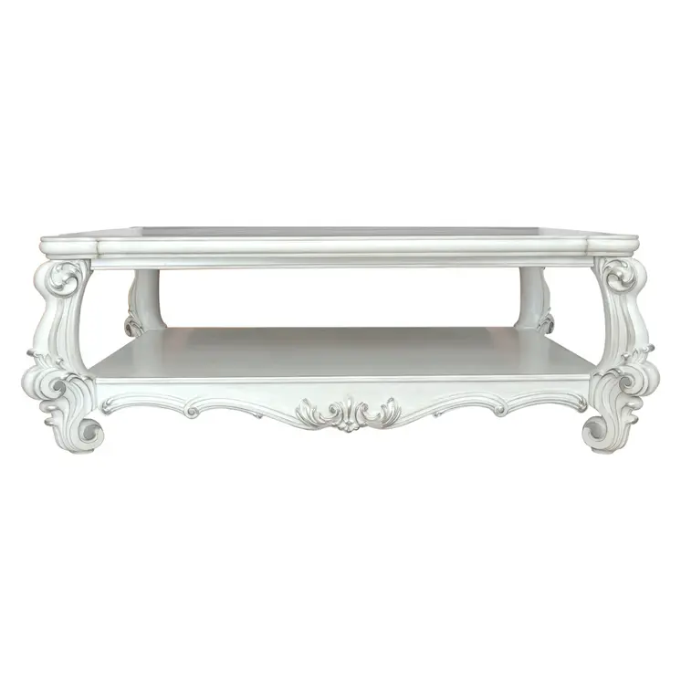 57" White Wood Ornate Coffee Table With Shelf