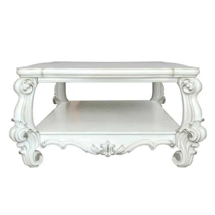 57" White Wood Ornate Coffee Table With Shelf