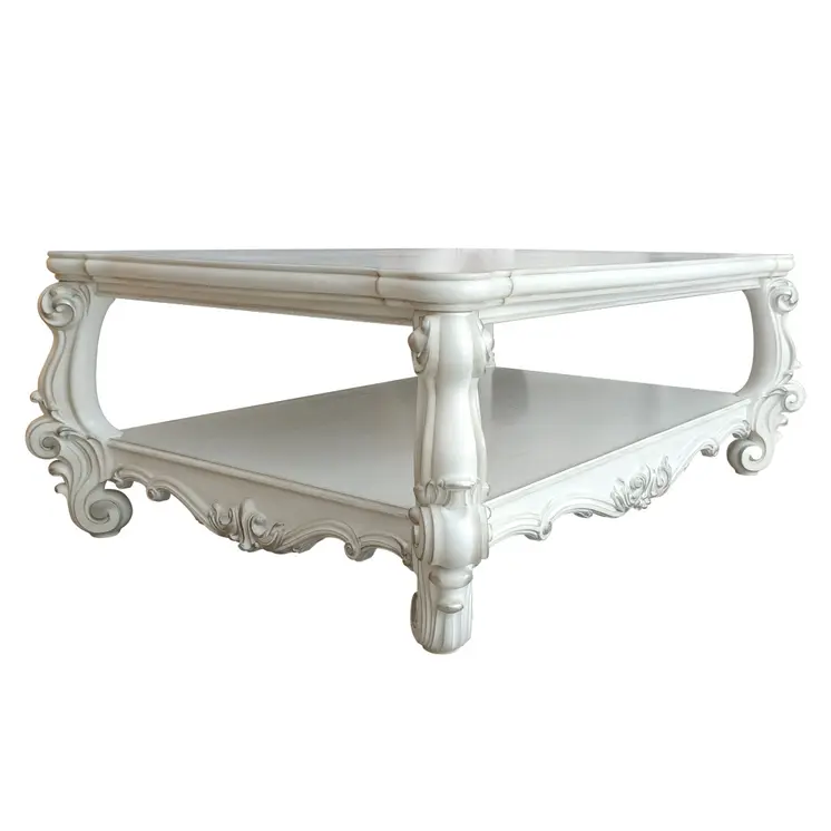 57" White Wood Ornate Coffee Table With Shelf