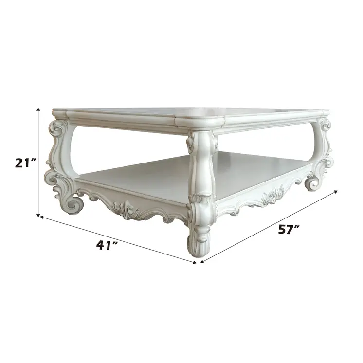 57" White Wood Ornate Coffee Table With Shelf