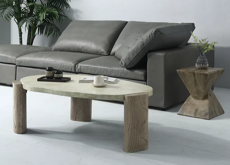 47" Beige and Oak Distressed Cement Oval Coffee Table
