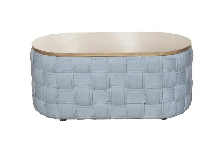 41" Natural and Blue Wood And Woven Fabric Oval Coffee Table
