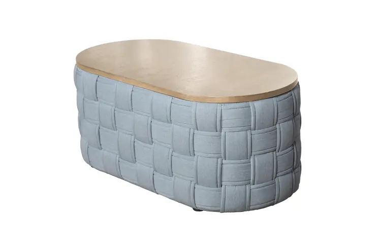 41" Natural and Blue Wood And Woven Fabric Oval Coffee Table