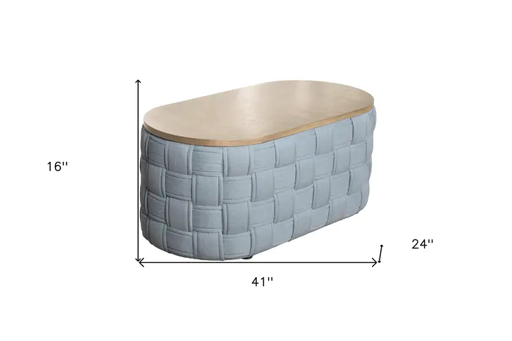 41" Natural and Blue Wood And Woven Fabric Oval Coffee Table