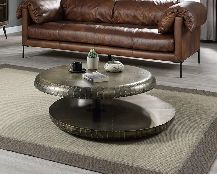 39" Bronze Aluminum Round Floor Shelf Coffee Table With Shelf