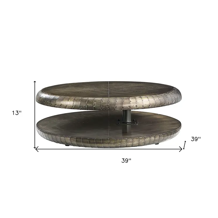 39" Bronze Aluminum Round Floor Shelf Coffee Table With Shelf