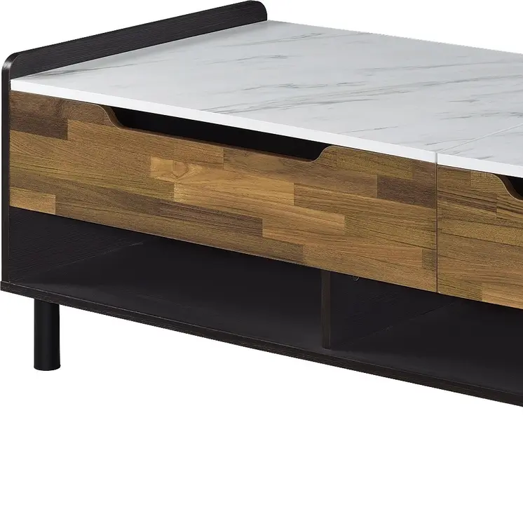 47" White Black and Brown Faux Marble And Wood Lift Top Coffee Table With Drawer And Two Shelves