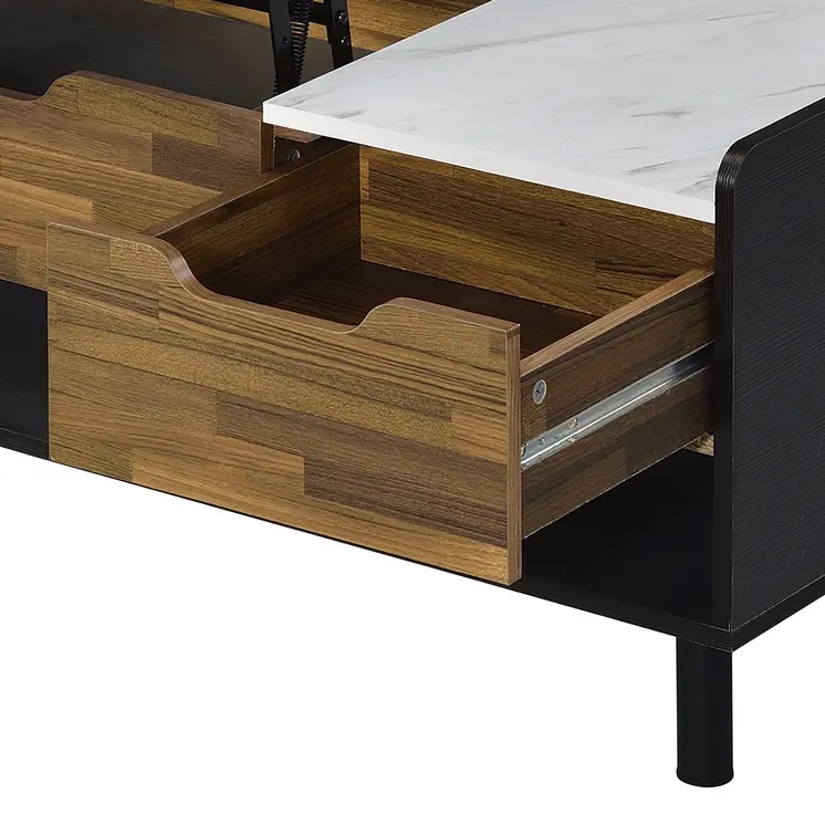 47" White Black and Brown Faux Marble And Wood Lift Top Coffee Table With Drawer And Two Shelves