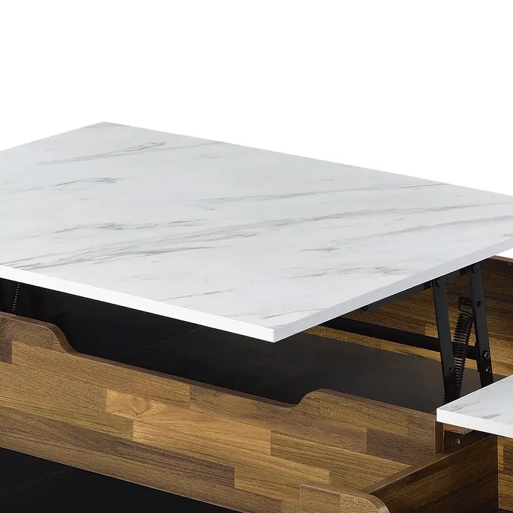 47" White Black and Brown Faux Marble And Wood Lift Top Coffee Table With Drawer And Two Shelves