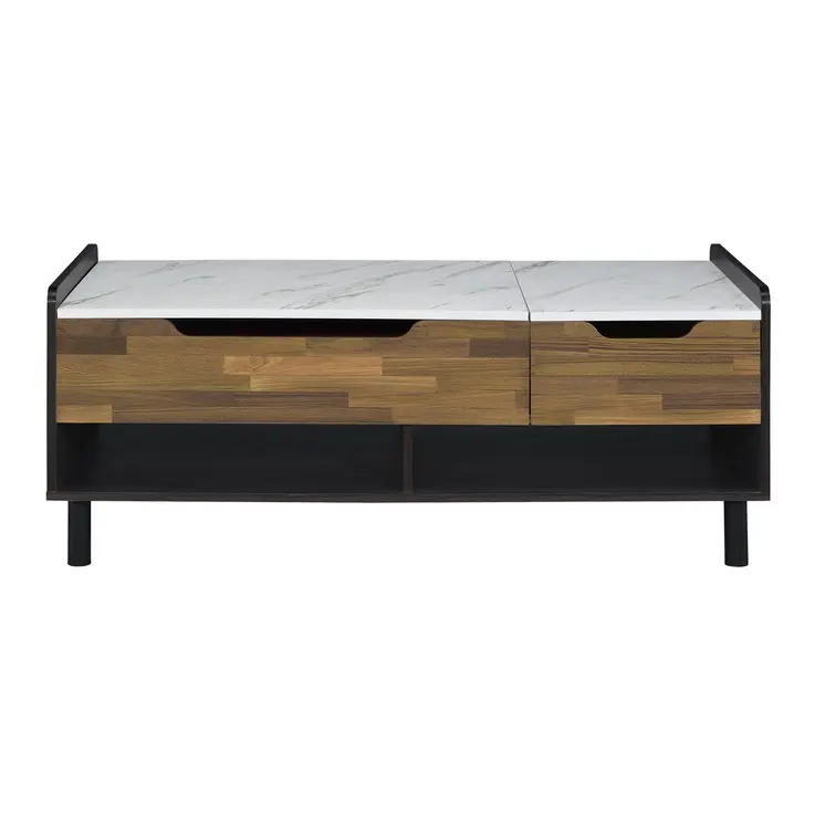 47" White Black and Brown Faux Marble And Wood Lift Top Coffee Table With Drawer And Two Shelves
