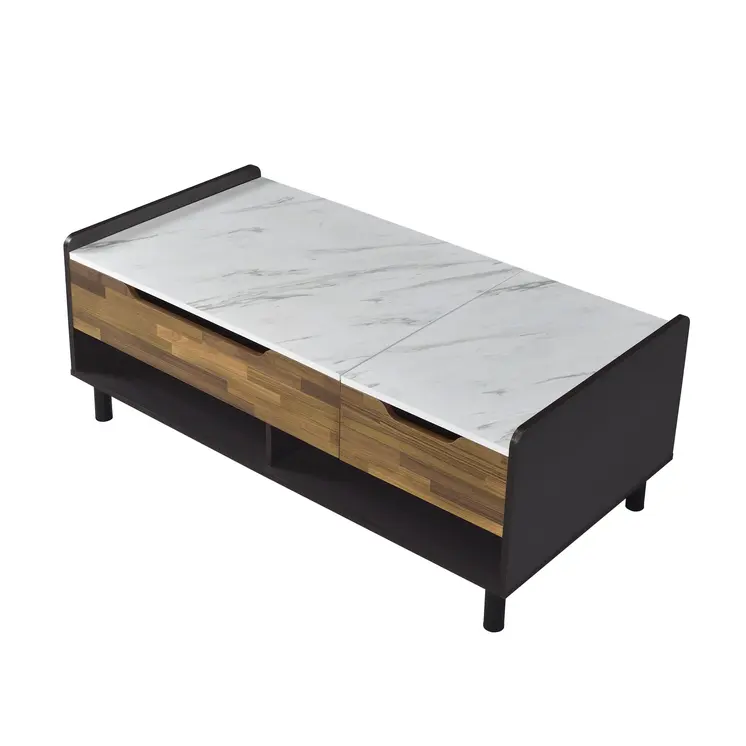 47" White Black and Brown Faux Marble And Wood Lift Top Coffee Table With Drawer And Two Shelves