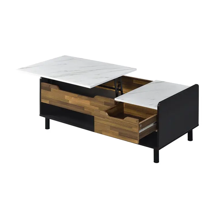 47" White Black and Brown Faux Marble And Wood Lift Top Coffee Table With Drawer And Two Shelves