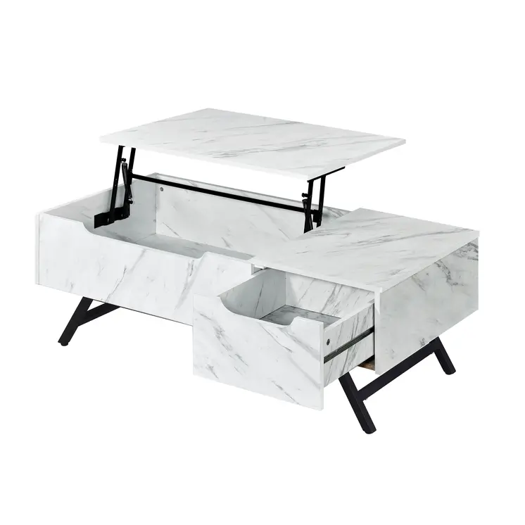 48" White and Black Wood and Steel Lift Top Coffee Table With Drawer