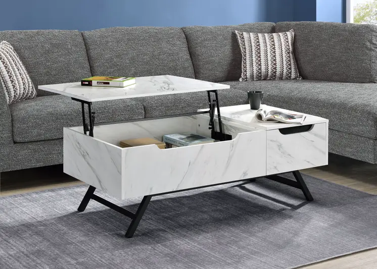 48" White and Black Wood and Steel Lift Top Coffee Table With Drawer