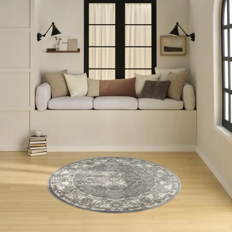 4' Blue Floral Power Loom Round Rug