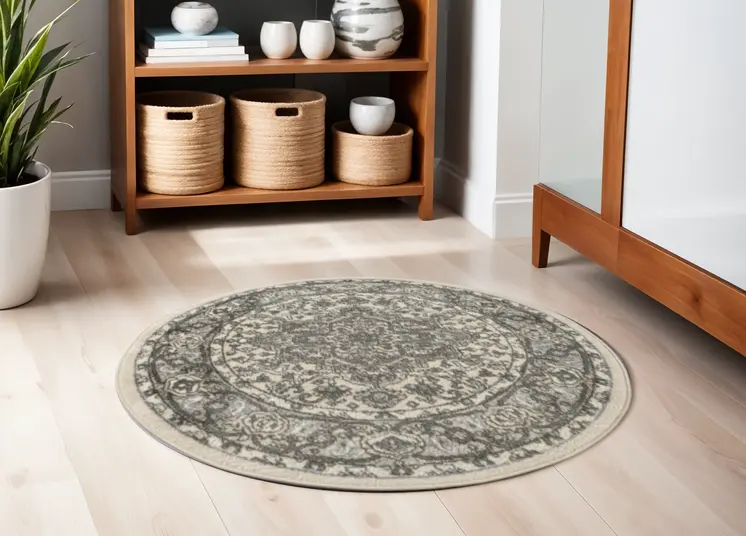 4' Blue Floral Power Loom Round Rug