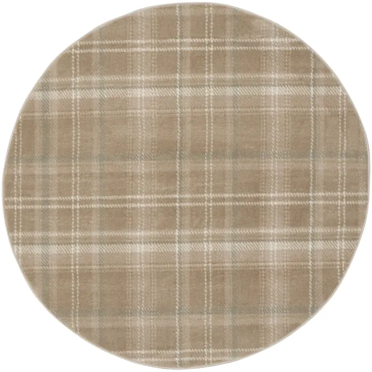 4' Taupe and Ivory Plaid Round Rug