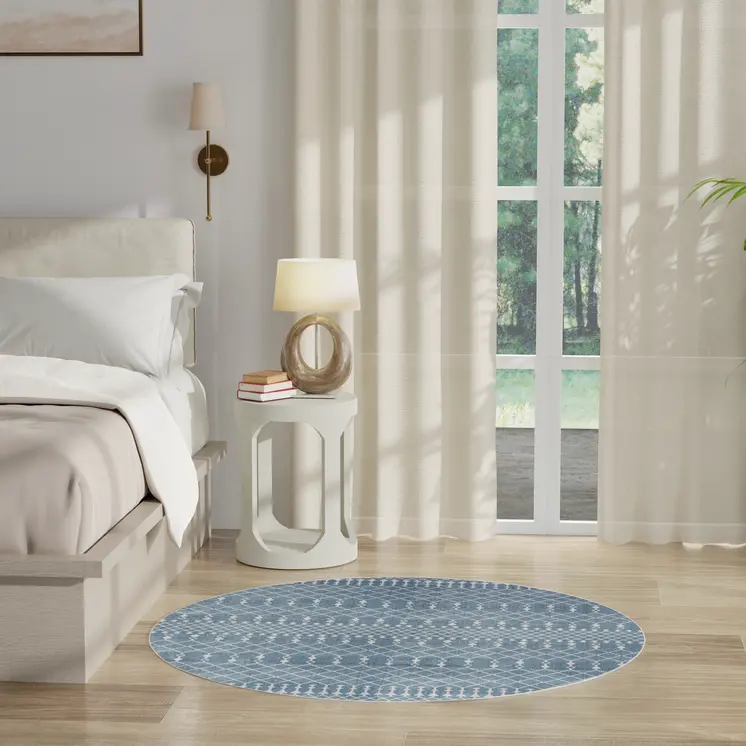 4' Blue Geometric Power Loom Round Rug