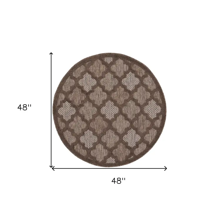 4' Dark Brown And Light Brown Round Geometric Indoor Outdoor Area Rug