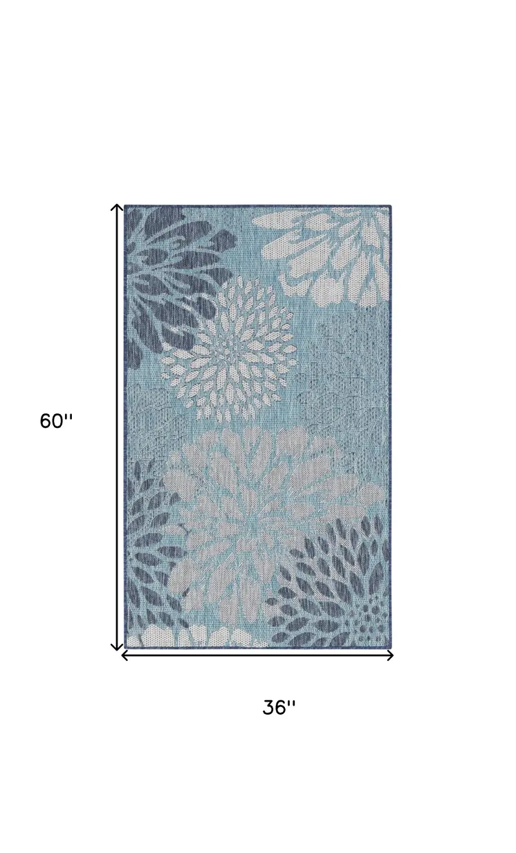 3' X 5' Navy Blue And Gray Floral Indoor Outdoor Area Rug