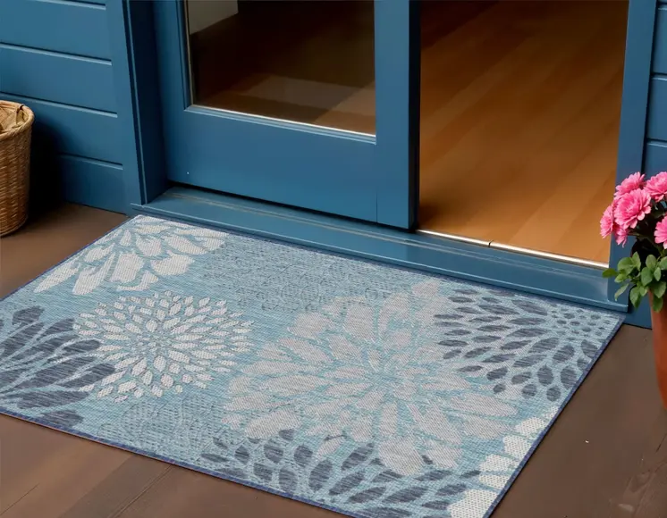 3' X 5' Navy Blue And Gray Floral Indoor Outdoor Area Rug
