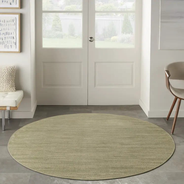 6' Green And Beige Round Abstract Indoor Outdoor Area Rug