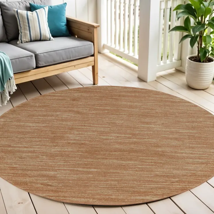6' Rust And Beige Round Abstract Indoor Outdoor Area Rug