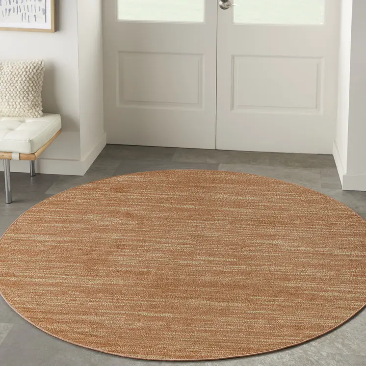 6' Rust And Beige Round Abstract Indoor Outdoor Area Rug