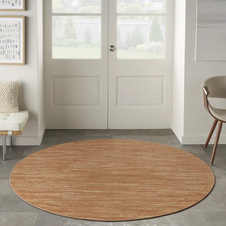 6' Rust And Beige Round Abstract Indoor Outdoor Area Rug