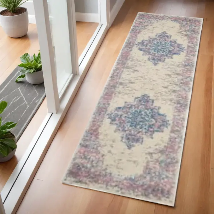 6' Ivory Pink and Blue Medallion Distressed Runner Rug