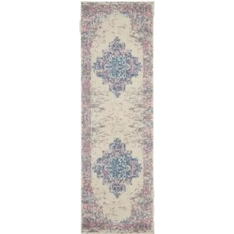 6' Ivory Pink and Blue Medallion Distressed Runner Rug