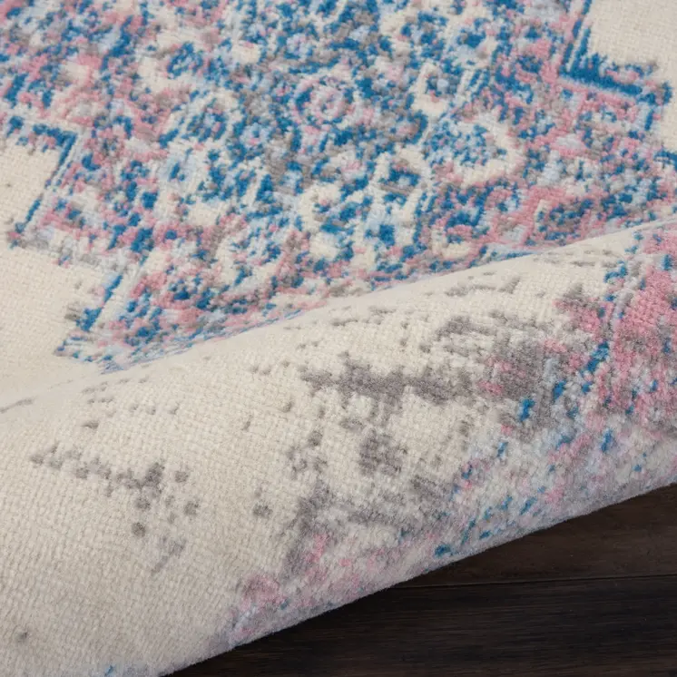 6' Ivory Pink and Blue Medallion Distressed Runner Rug