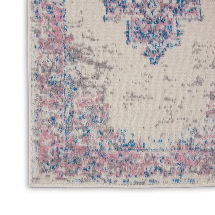 6' Ivory Pink and Blue Medallion Distressed Runner Rug