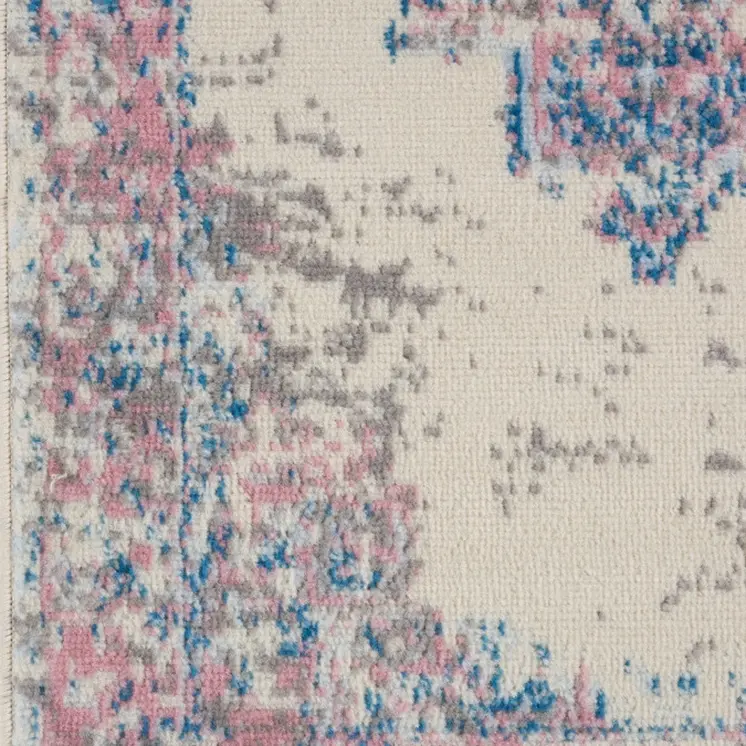 6' Ivory Pink and Blue Medallion Distressed Runner Rug
