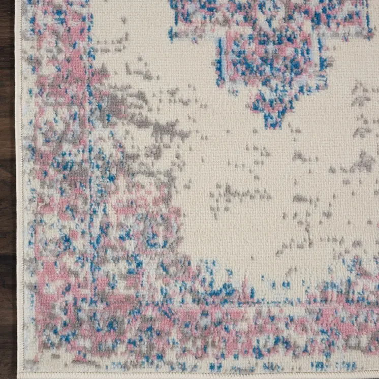 6' Ivory Pink and Blue Medallion Distressed Runner Rug