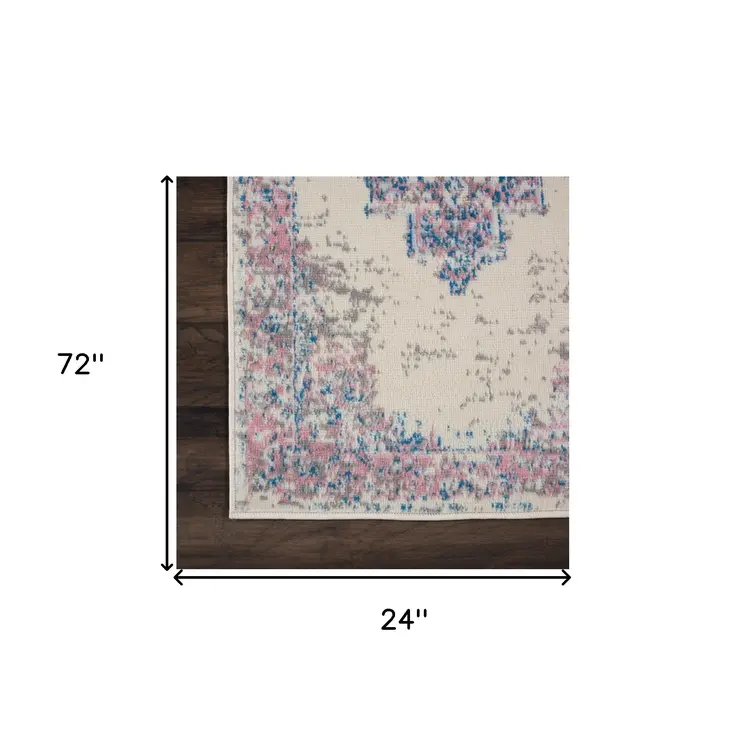 6' Ivory Pink and Blue Medallion Distressed Runner Rug
