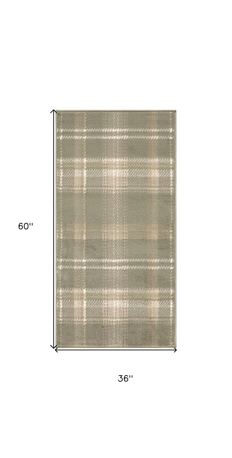 3' X 5' Olive Green and Ivory Plaid Area Rug