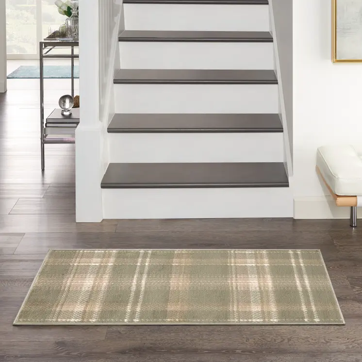3' X 5' Olive Green and Ivory Plaid Area Rug